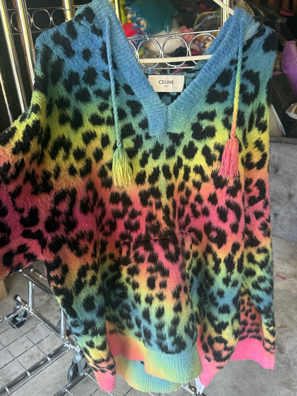 Celine Multicolor Leopard Knit Hoodie in Pink, Yellow, Green